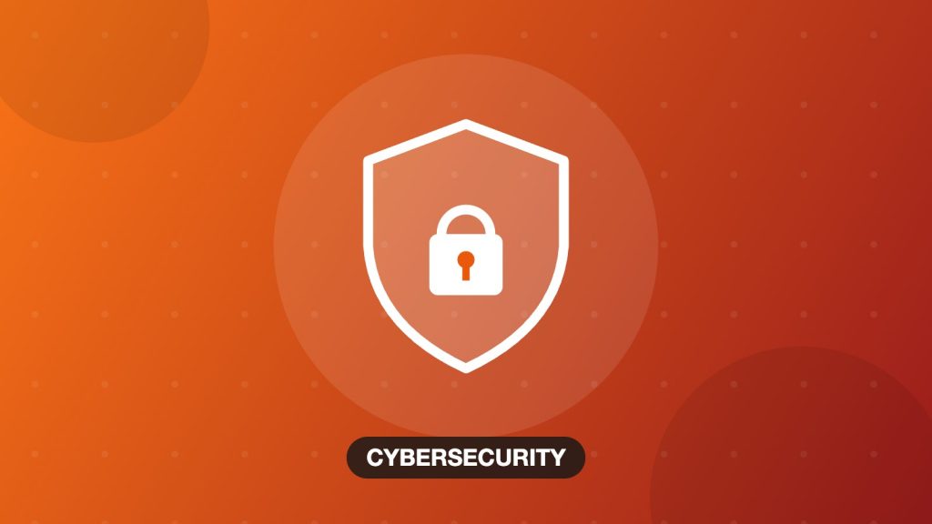 Illustration of a shield with a padlock on an orange background, scam text messages topic