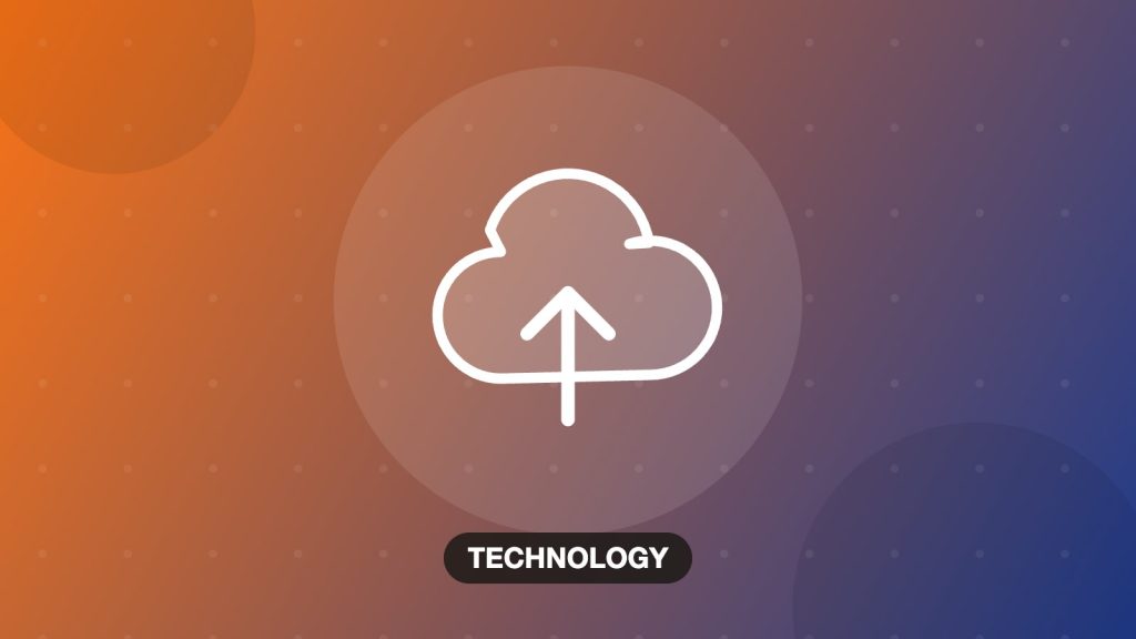 Illustration of a cloud with an upload arrow on an orange background, photo backup topic