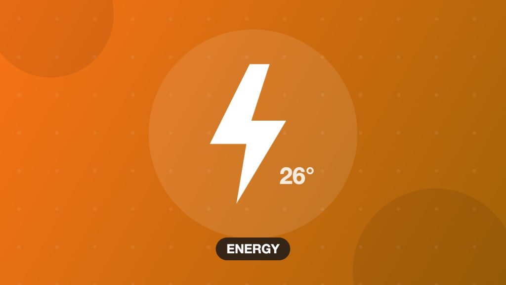 Illustration of a lightning bolt and 26 degrees on an orange background, saving electricity in hot weather topic