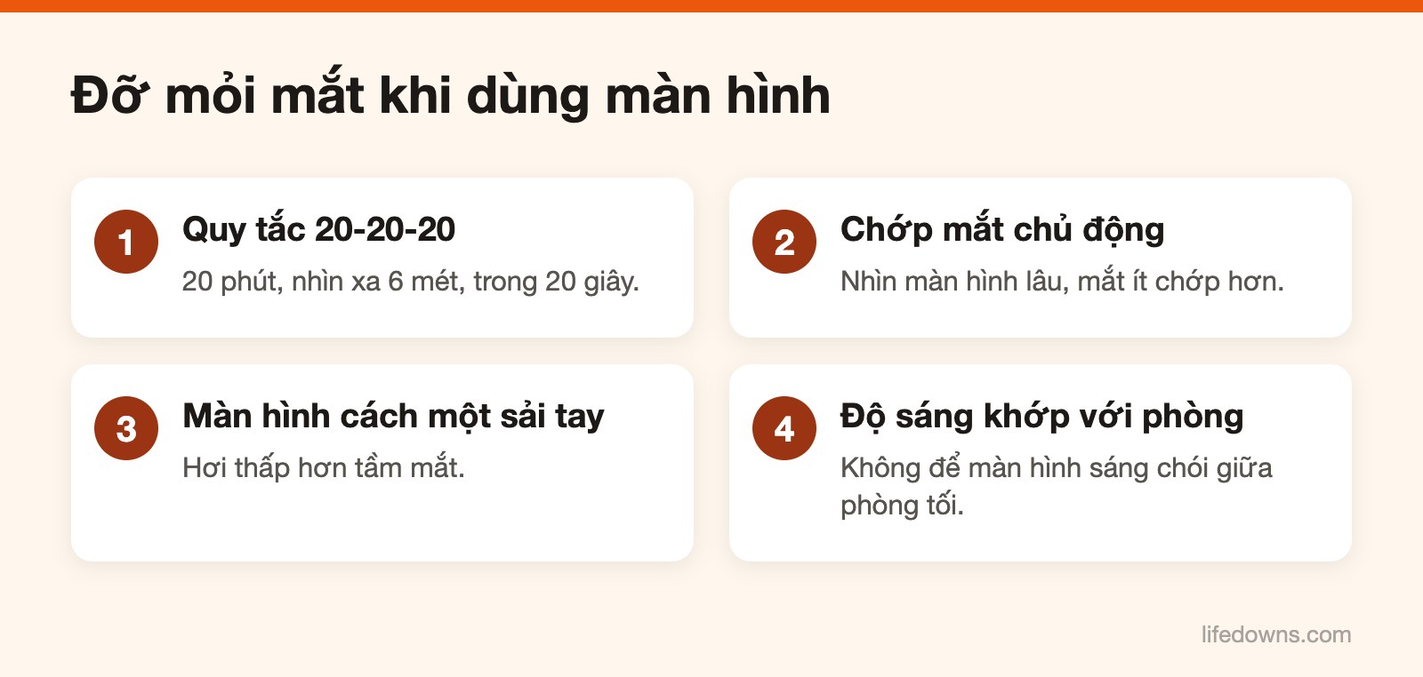 Quy tắc 20-20-20 – Sơ đồ 4 cách giảm mỏi mắt khi dùng màn hình