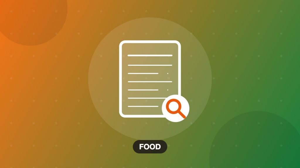 Illustration of a food label and magnifying glass on an orange background, reading food labels topic