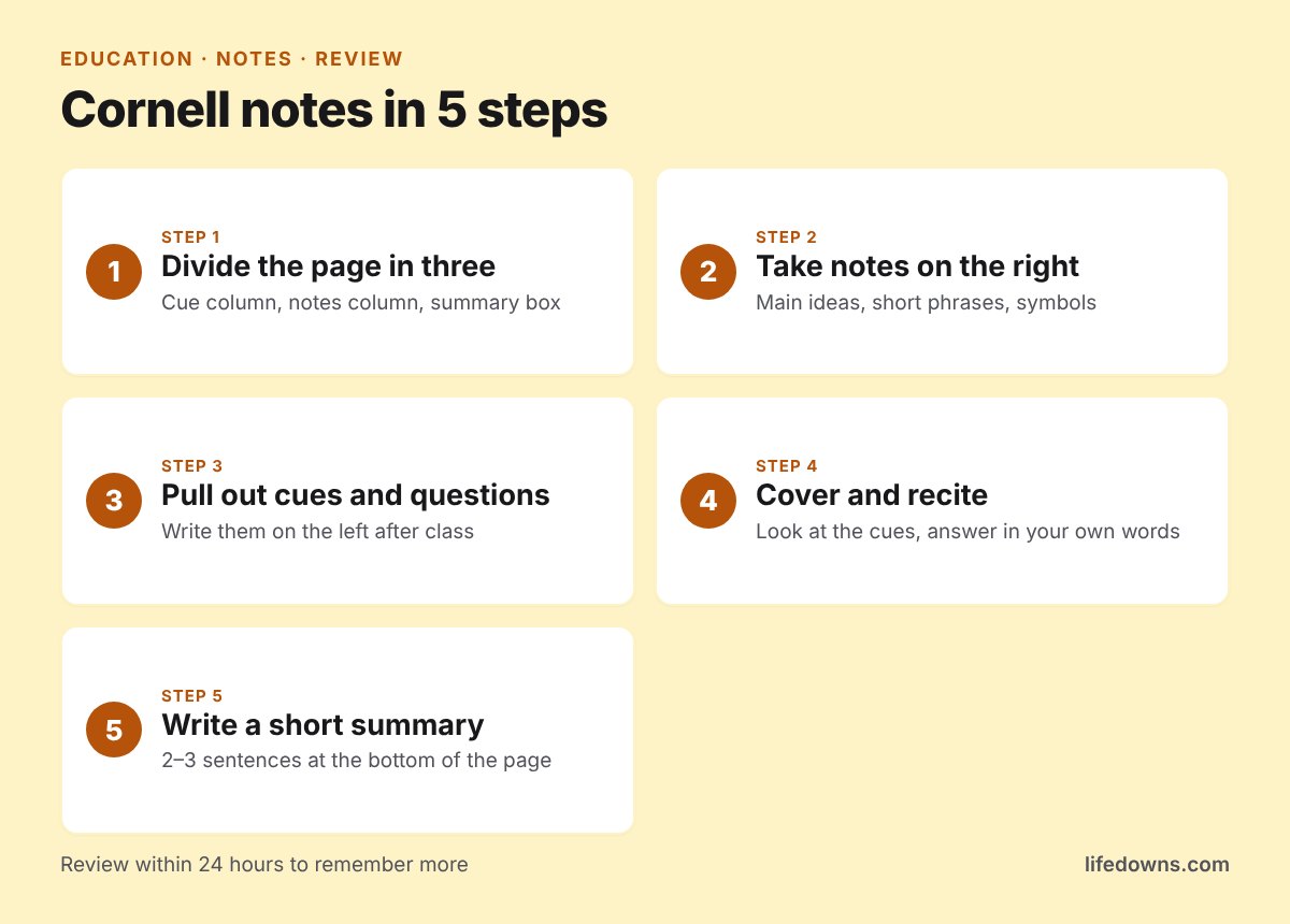 Cornell note-taking method: summary of the 5 steps