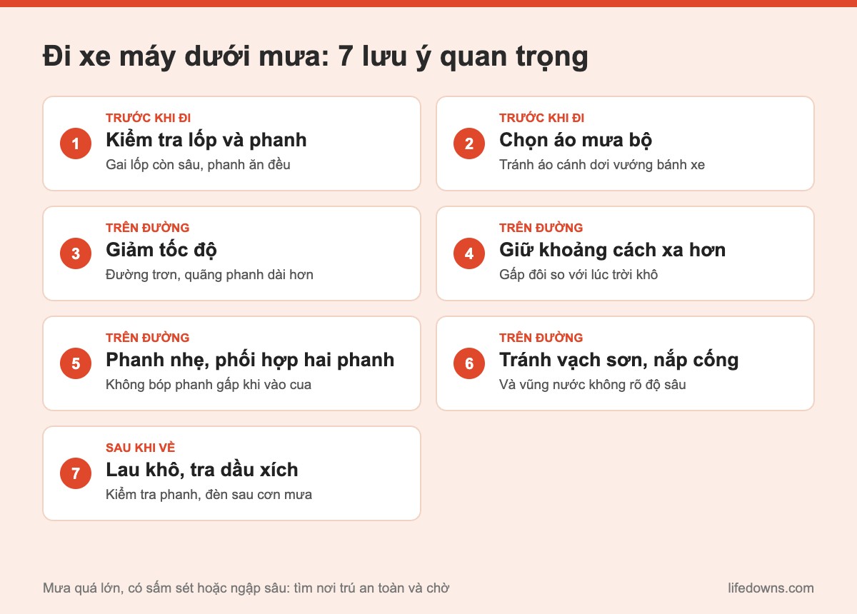 Đi xe máy dưới mưa: tóm tắt 7 lưu ý quan trọng