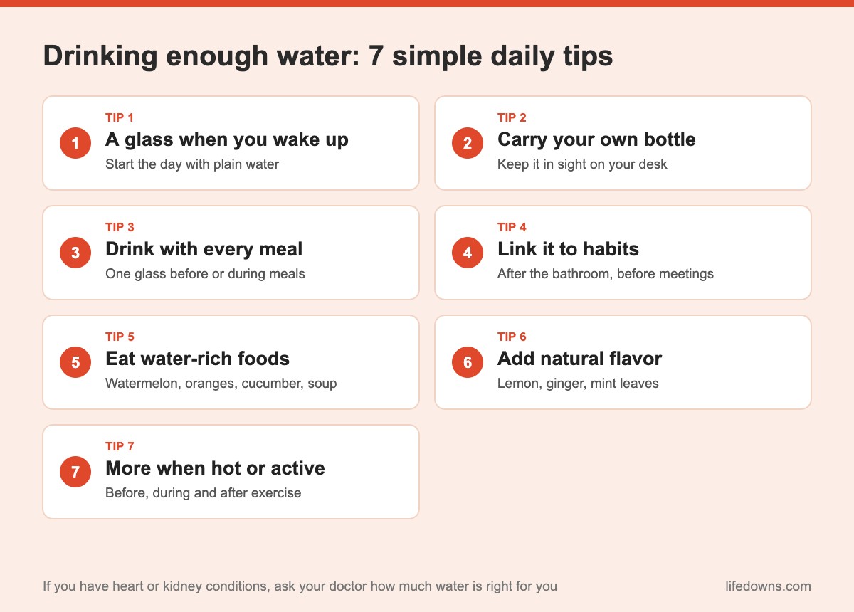 Drinking enough water: summary of 7 simple daily tips