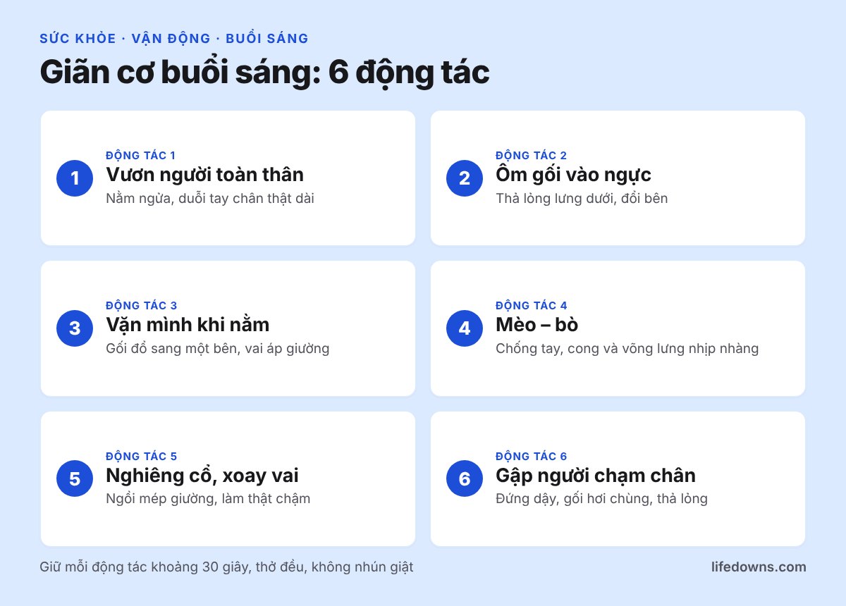 Giãn cơ buổi sáng: tóm tắt 6 động tác