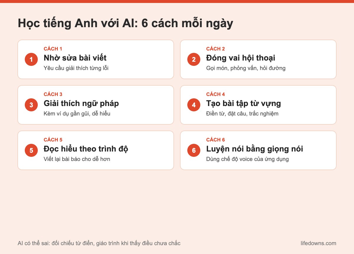Học tiếng Anh với AI: tóm tắt 6 cách luyện tập mỗi ngày