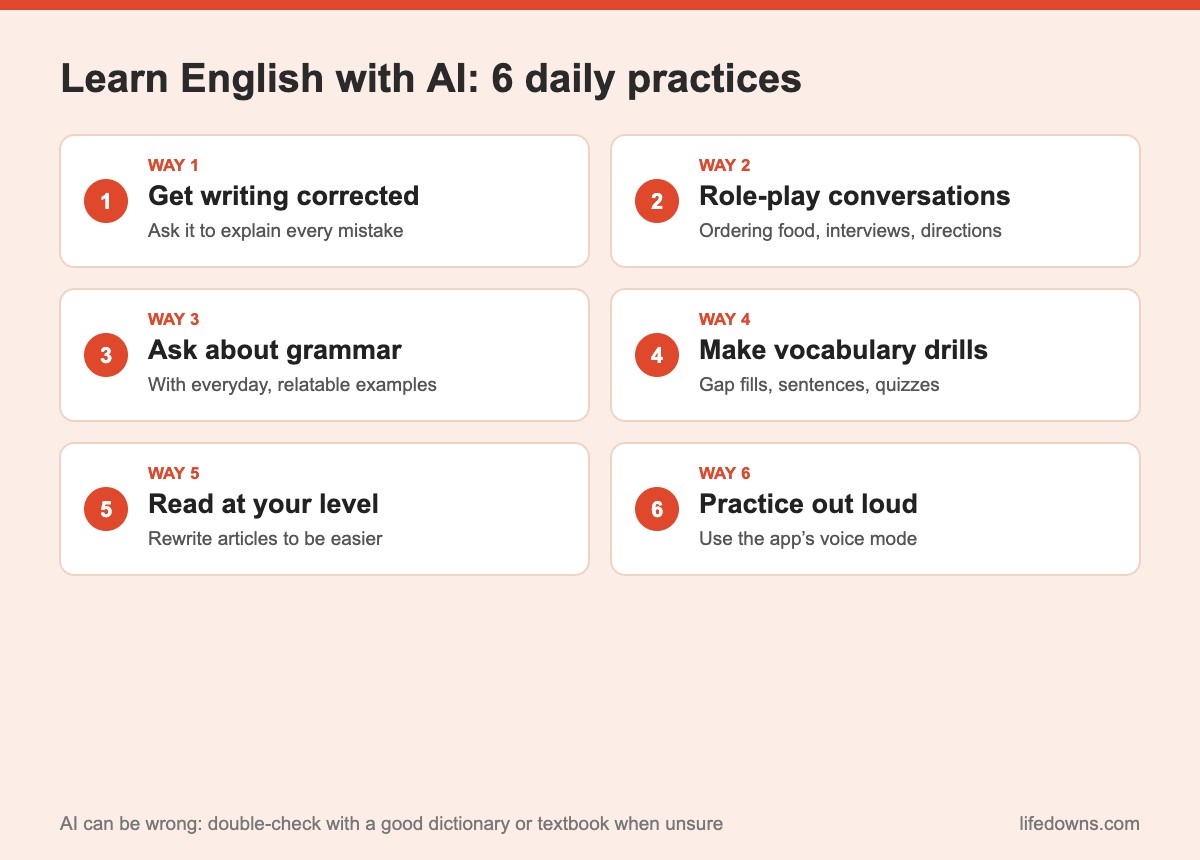 Learn English with AI: summary of 6 daily practice ideas