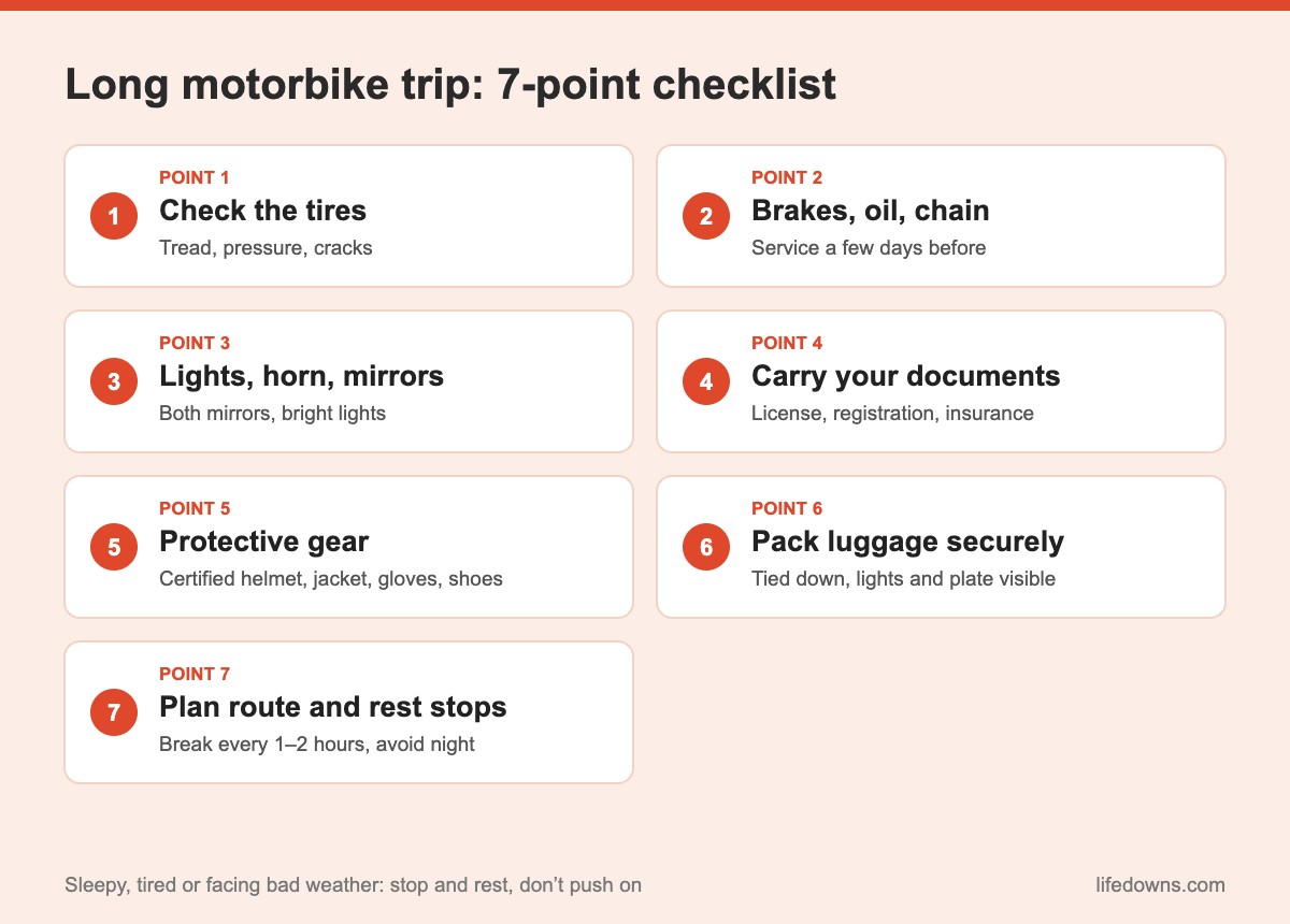 Long motorbike trip: summary of the 7-point checklist