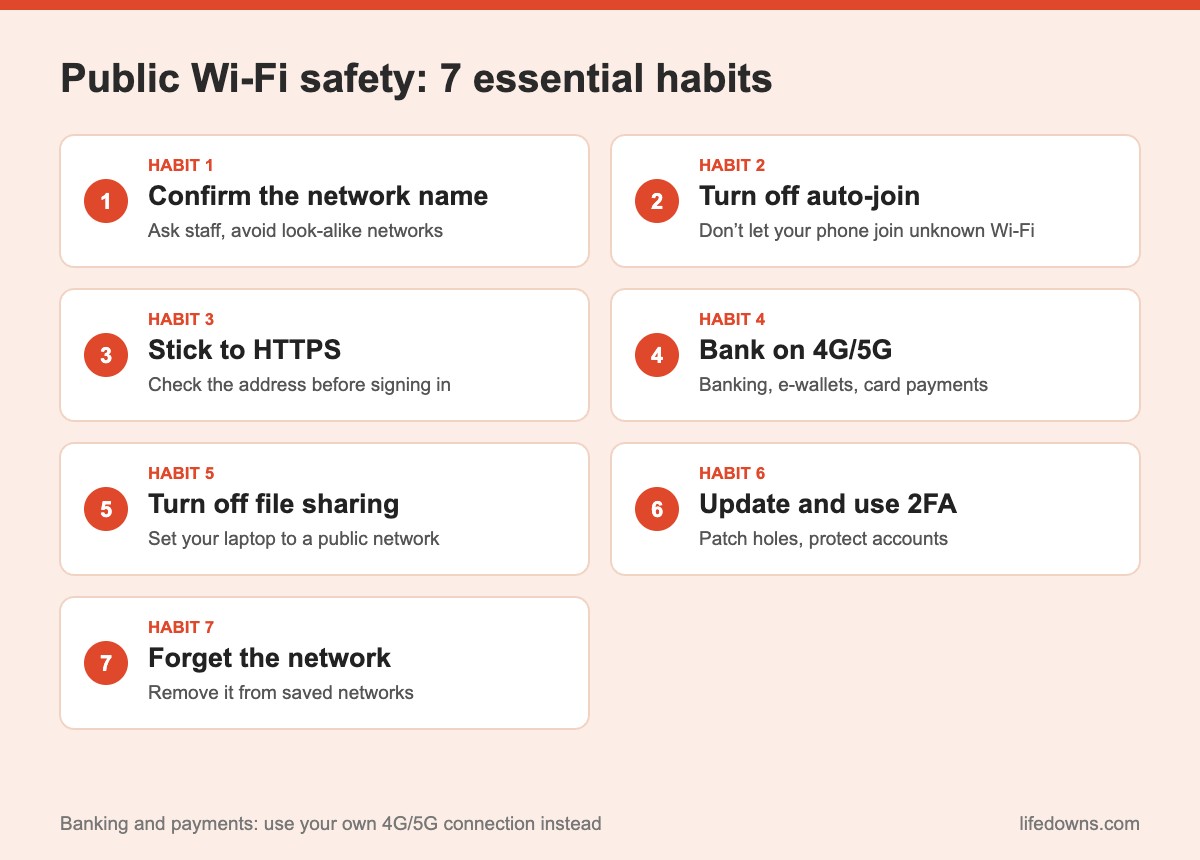 Public Wi-Fi safety: summary of 7 essential habits