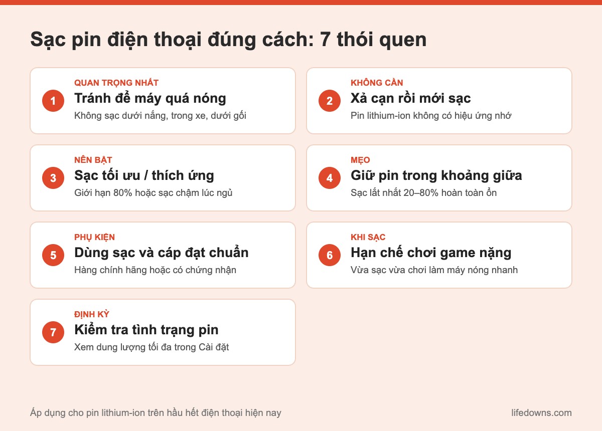 Tóm tắt 7 thói quen sạc pin điện thoại đúng cách