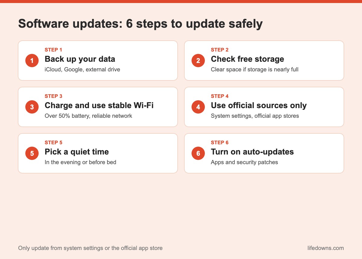 Software updates: summary of 6 steps to update safely
