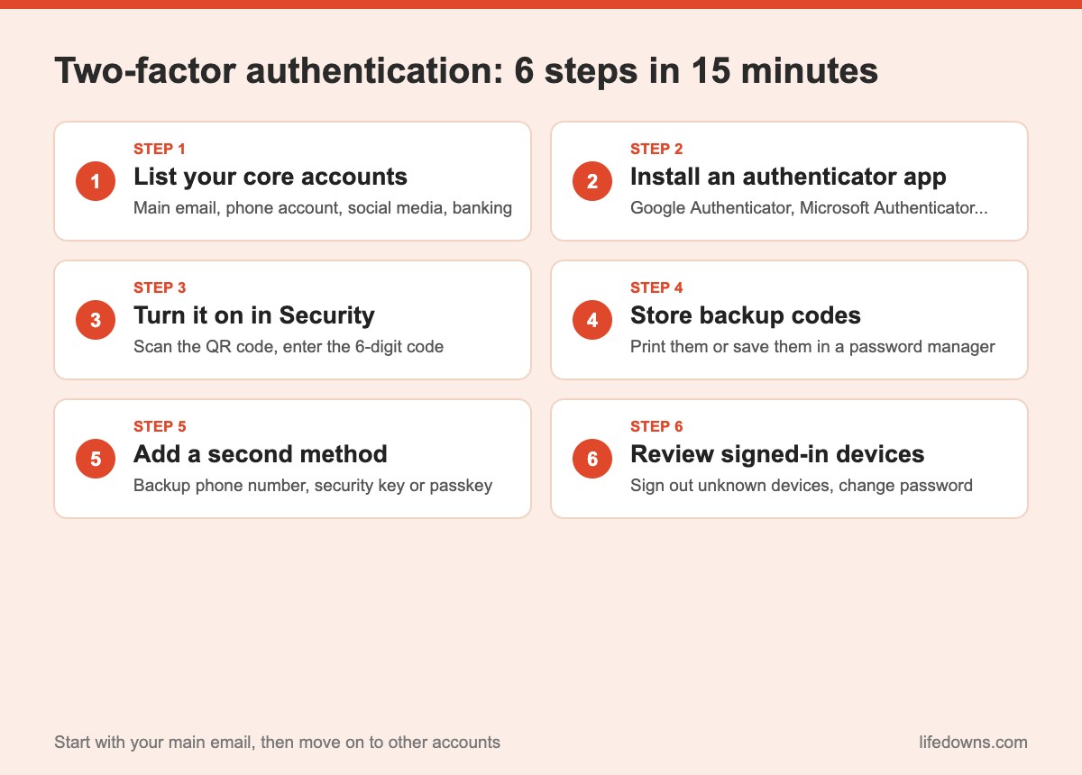 Summary of 6 steps to turn on two-factor authentication