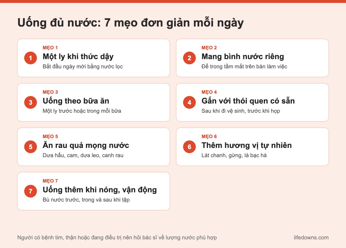 Uống đủ nước: tóm tắt 7 mẹo đơn giản mỗi ngày